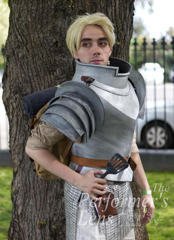 Myself as Laios Touden from Ryoko Kui's manga Dungeon Meshi, or Delicious in Dungeon, Photographed by The Performers Lens. I ended up using a scalemail burchers apron in place of his chainmail skirt.